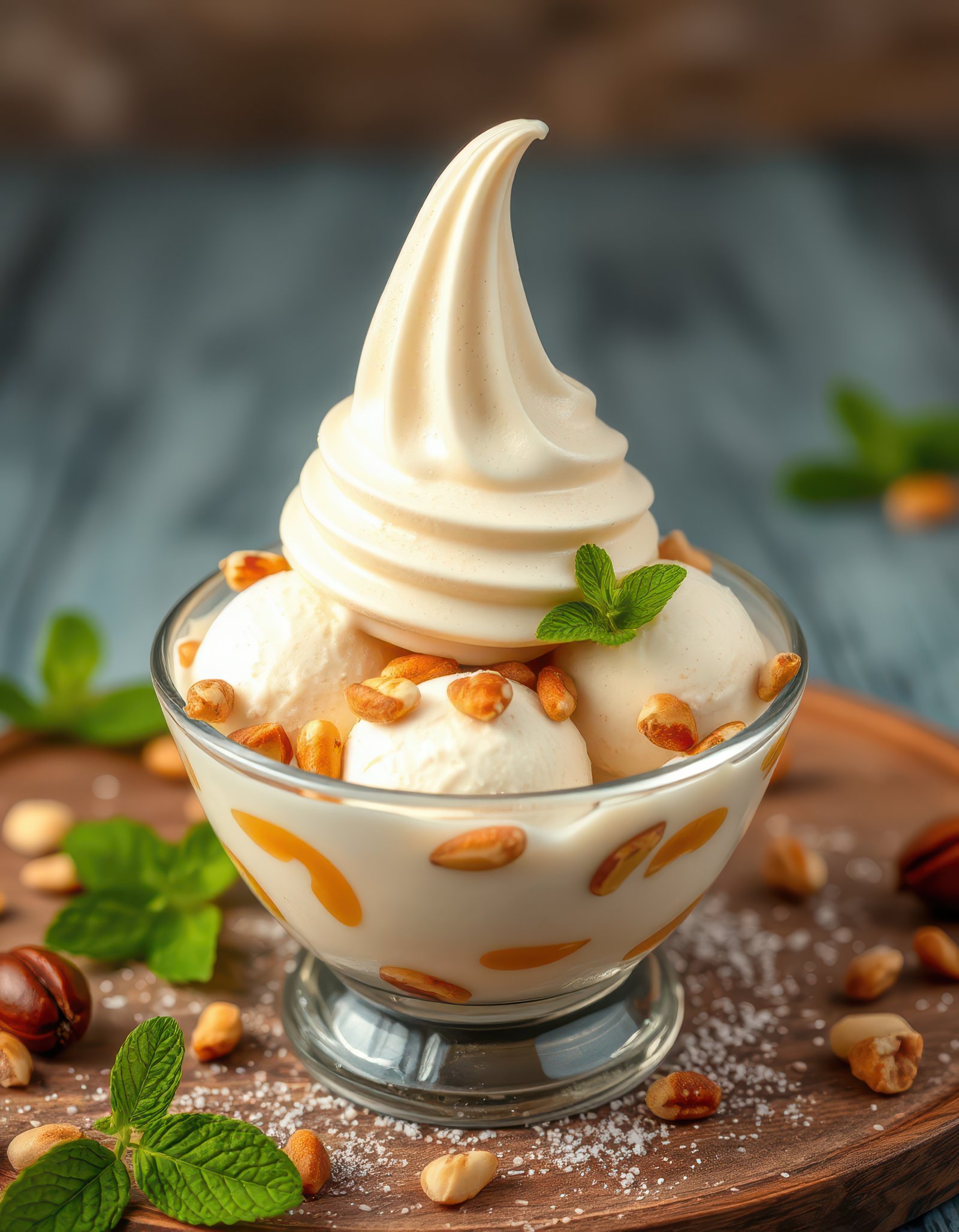 Delicious dessert featuring creamy soft serve and nutty toppings served in a clear bowl on a rustic wooden board